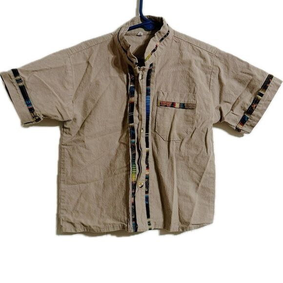 Kids' Tan Button Down Shirt with Patterned Trim - Picture 1 of 4
